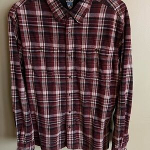 KUHL Men's Burgundy, Brown, Taupe and Cream Plaid Shirt